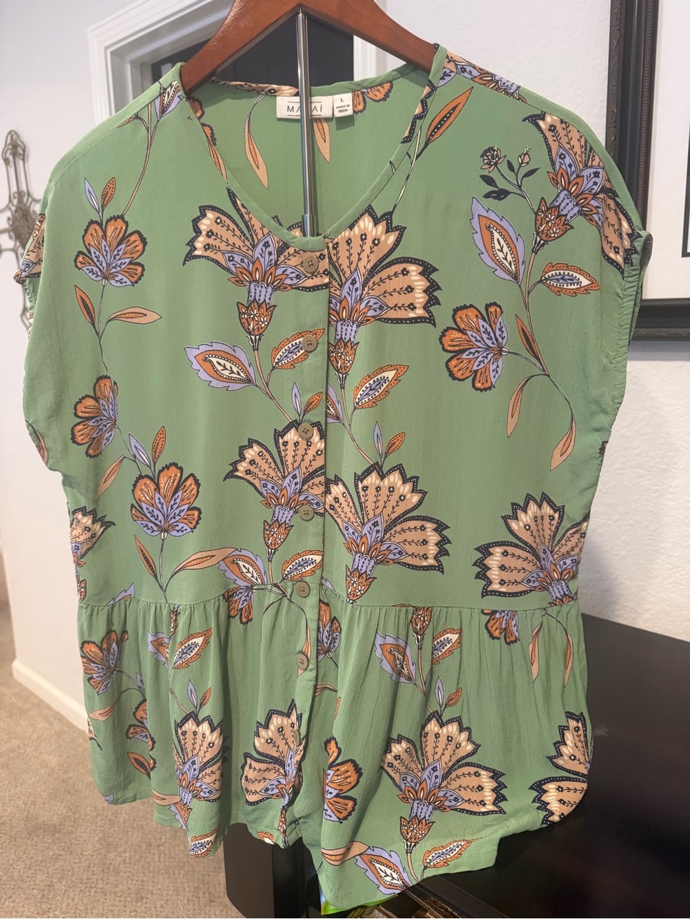 Masai Copenhagen Idali Green Floral Peplum Swing Blouse Top Size L